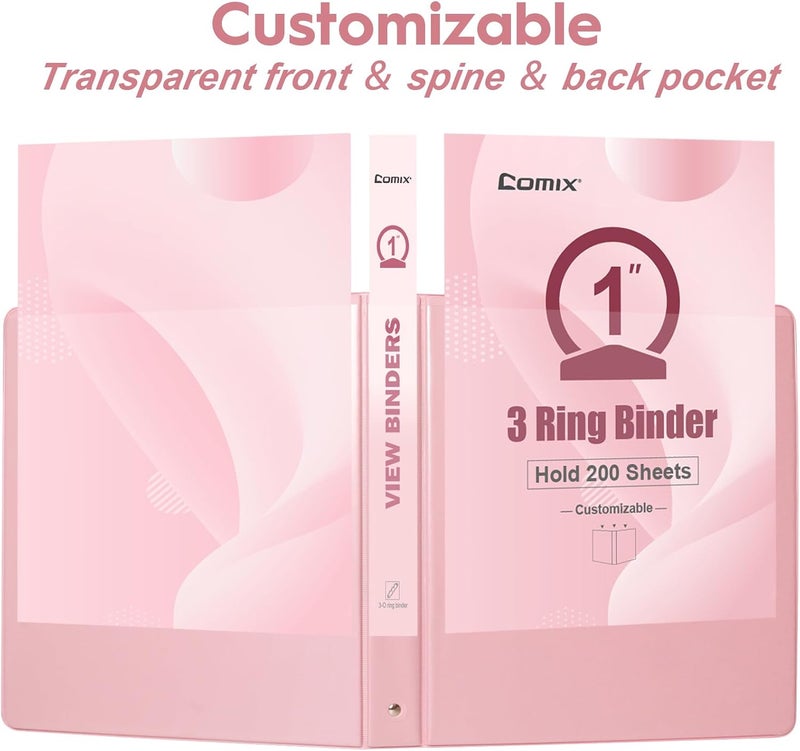 COMIX Standard 3 Ring Binder 1 inch with Clear View Cover, 1" Round Ring View Binder Holds 200 Sheets of US Letter Size Paper for School Office Supplies, 6 Pack (Pink) - Image 5